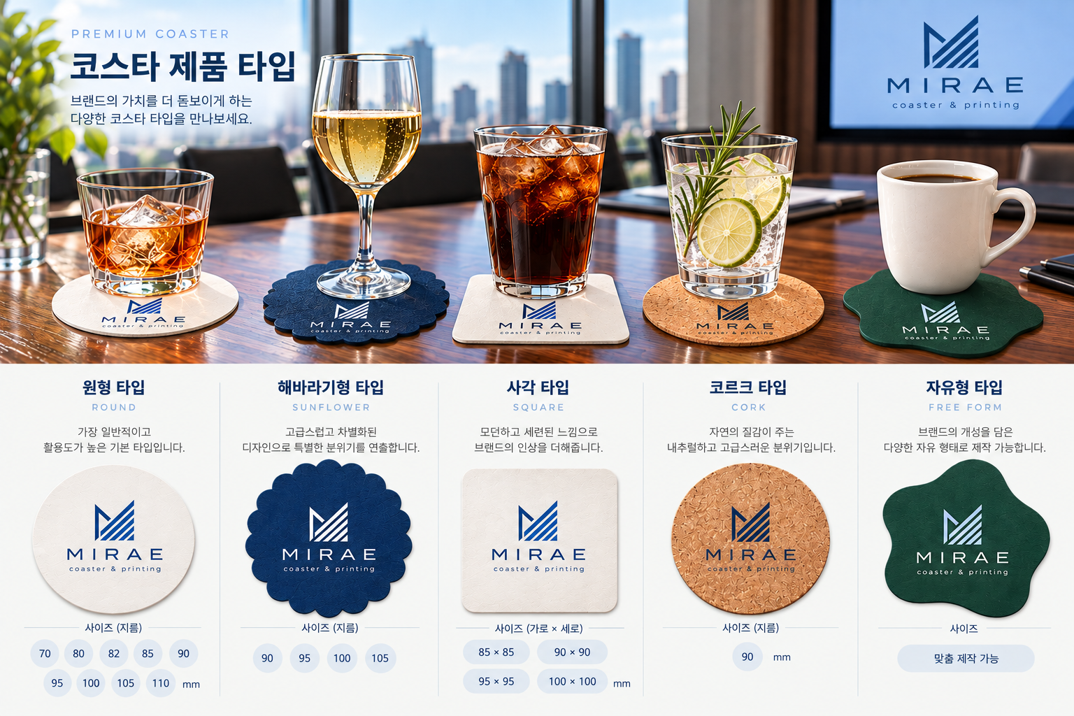 원형, 해바라기형, 사각, 코르크, 자유형 코스타의 사용 모습과 제품 설명 및 전체 규격
